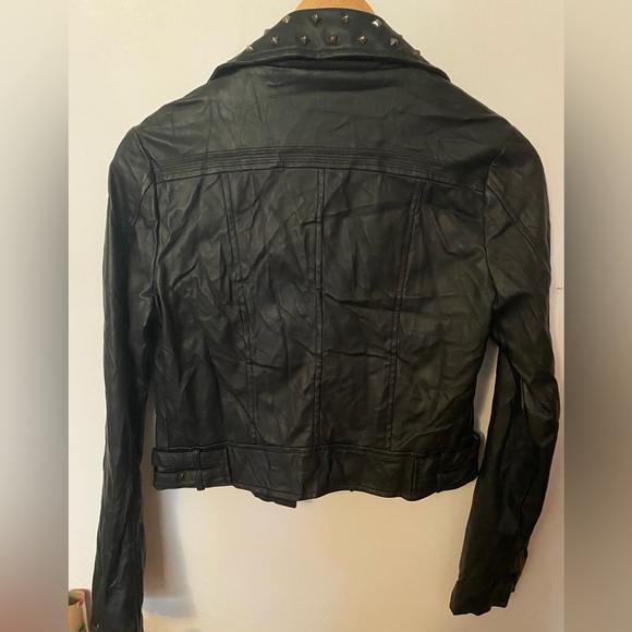 Cropped Grungy Studded Bomber Faux Leather Jacket - New Without Tags - Picture 5 of 6